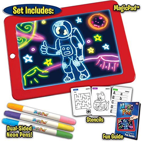 Product Cover Wazdorf Magic Sketch Drawing Pad | Light Up LED Glow Board | Draw, Sketch, Create, Doodle, Art, Write, Learning Tablet | Includes 3 Dual Side Markets, 30 Stencils and 8 Colorful Effects for Kids
