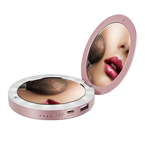 Product Cover shinngo 3000mAh Portable Charger Mirror Compact Vanity Mirror with Lights for Personal Handheld Makeup (Rosegold)