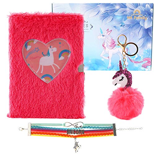 Product Cover HH Family Unicorn Llama Girls Diary Writing Journal Notebook with Matching Bracelet and Fur Ball Key Chain (Happy unicorn R)