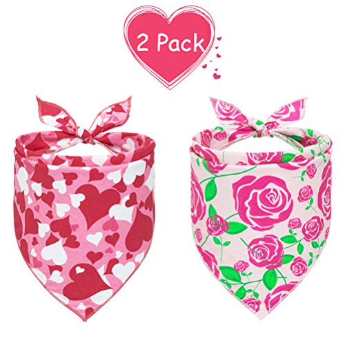 Product Cover KOOLTAIL Valentine's Day Dog Bandanas 2 Pack - Soft Triangle Scarf with Red Pink Love Heart and Rose Pattern for, Romantic Holiday Costume for Dogs