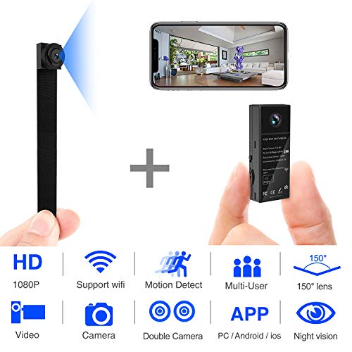 Product Cover Mini Spy Camera 1080P WiFi Hidden Video Camera Wireless Covert Security Cameras 150° Wide Angle Nanny Cam with DIY Interchangeable Lens/Night Vision/Motion Activated for Home Surveillance(New Version)