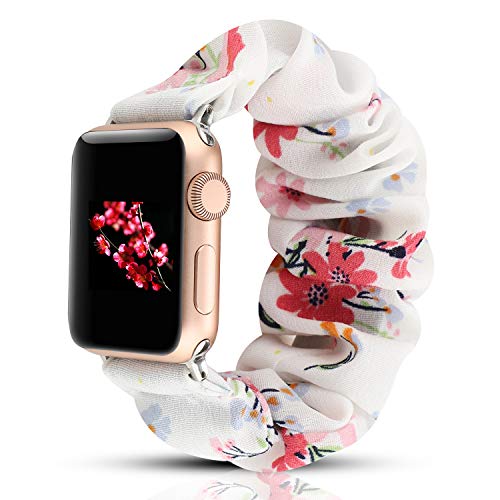 Product Cover WONMILLE Scrunchie Elastic Watch Band Compatible with Apple Watch Band 38mm 40mm, Women Girls Cloth Elastics Hair Wristbands Replacement for iWatch Series 1 2 3 4 5 (White Flower, 38mm/40mm)