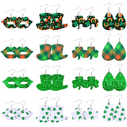 Product Cover 16 Pairs St. Patrick's Day Leather Earrings Irish Shamrock Dangle Earrings Green Good Luck Clover Earrings