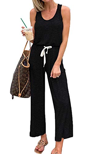 Product Cover PRETTYGARDEN Women's Casual Solid Sleeveless Jumpsuit Crewneck Drawstring Waist Stretchy Long Pants Romper with Pockets (Black, Small)