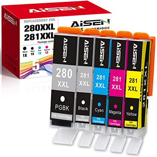 Product Cover AISEN Compatible Ink cartridges Replacement for Canon 280 281 PGI-280XXL CLI-281XXL PGI280 XXL CLI281XXL Used in Canon PIXMA TS9120 TR7520 TR8520 TS6120 TS6220 TS8120 TS8220 TS9520 TS9521C (5 Pack)
