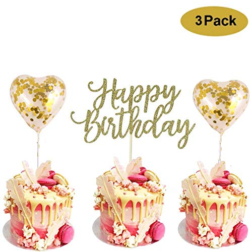 Product Cover Happy Birthday Cake Topper With 2 Heart Confetti Gold Balloons, 1st First Happy Birthday Cupcake Topper, Glitter Gold Decoration