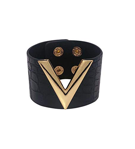 Product Cover Wide Cuff Leather Wrap Bracelet V Shape 21cm 8 inch Length (Black Faux Crocodile Skin)