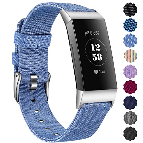Product Cover Maledan Compatible with Fitbit Charge 3 Bands for Women Men, Soft Woven Fabric Replacement Band Strap for Fitbit Charge 3 and Charge 3 SE Fitness Activity Tracker, Small, Denim Blue