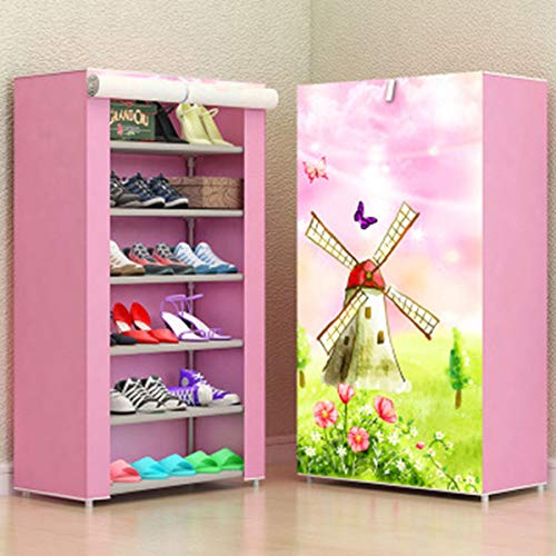 Product Cover Xomox Multipurpose Portable Folding Shoes Rack 6 Tiers Multi-Purpose Shoe Storage Organizer Cabinet Tower with Iron and Nonwoven Fabric with Zippered Dustproof Cover (Windmill-Pink)