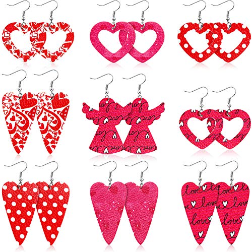 Product Cover 9 Pairs Valentine's Day Earrings Faux Leather Earrings Heart Shape Drop Earrings Gift for Women Girls