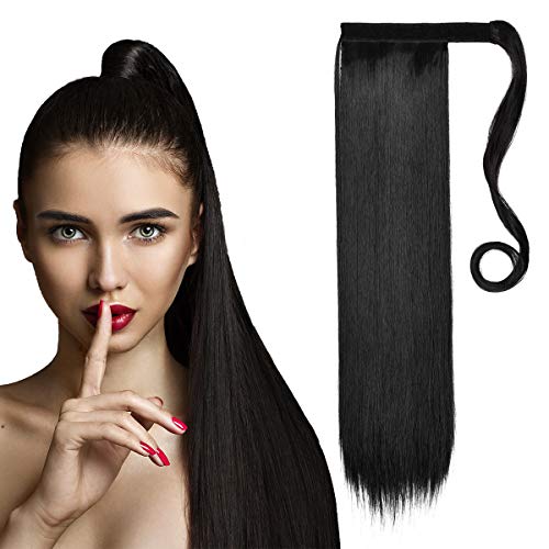 Product Cover HAIRREAL Ponytail Hair Extensions Wrap Around Long Straight Clip in Pony Tails Extension for Women 26 Inch Magic Paste Synthetic Hairpiece Brownish Black