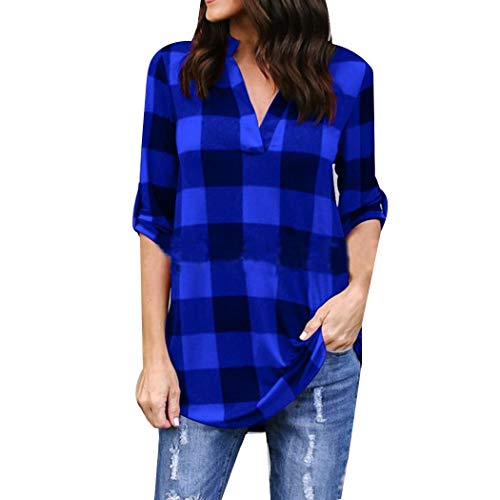 Product Cover Adoeve Women Casual V-Neck Roll-Up Cuffed Sleeve Lattice Print Pullover Shirt Blouses Blue