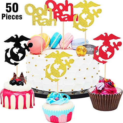 Product Cover 50 Pieces Glitter Ooh Rah Cupcake Toppers Marine Corp Cupcake Toppers Marine Themed Cupcake Picks for Wedding Birthday Retirement Party Decorations