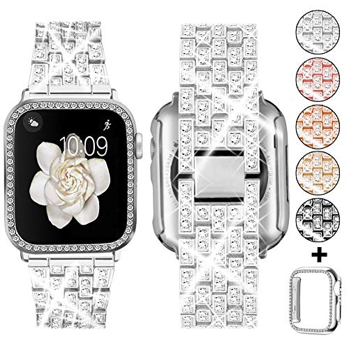 Product Cover Supoix Compatible with Apple Watch Band 38mm 40mm 42mm 44mm + Case, Women Jewelry Bling Diamond Metal Strap & Soft PC Bumper Protective Case for iWatch Series 5/4/3/2/1(Silver)