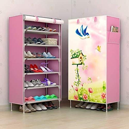 Product Cover Cyleel Multipurpose Portable Folding Shoes Rack 6 Tiers Multi-Purpose Shoe Storage Organizer Cabinet Tower with Iron and Nonwoven Fabric with Zippered Dustproof Cover (Lovebird-Pink) (Pink)