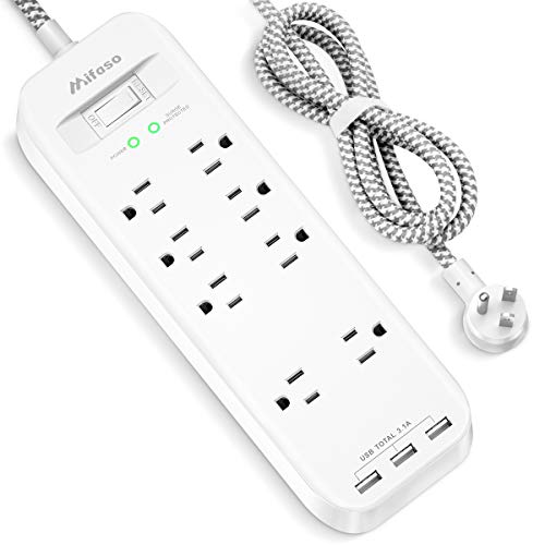 Product Cover 8 Outlets Power Strip, Surge Protector with 3 Smart USB 5V/3.1A,5 Ft Braided Extension Cord, Widely Spaced Outlet, Wall Mountable with Flat Plug for TV Smartphone Tablets Home Office,1875W, 900 Joules