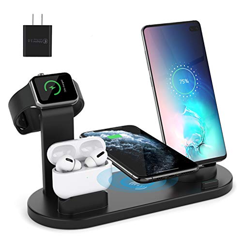 Product Cover Wireless Charger for Airpods Pro, Aufixy 4 in 1 Wireless Charging Station with Apple Watch Stand and QC 3.0 Adapter for iWatch 5/4/3/2/1, Airpods 3/2/1, iPhone 11/11 Pro Max/XR/XS Max/XS/X/8/8P Black