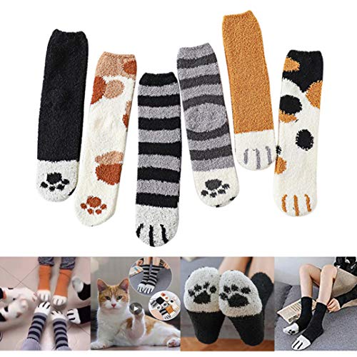 Product Cover 6 Pairs Socks Fluffy Cozy Slipper Socks Winter Warm Plush Cat Claw Cozy Slipper Sock Soft Sleeping Socks for Women Girls