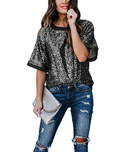 Product Cover Yingkis Womens Sequin Tops Shimmer Glitter Loose Short Sleeve Party Tunic Top Blouse Shirt