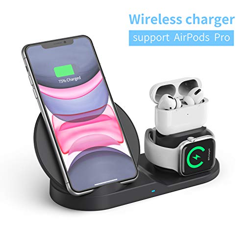 Product Cover Wireless Charger, TUOKE 3 in 1 Qi-Certified 10W Fast Charger Station Compatible Apple Watch Airpods iPhone 11/11pro/11pro Max/X/XS/XR/Xs Max/8/8 Plus, Wireless Charger Stand Compatible Samsung