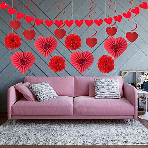 Product Cover Valentines Day Decor 15 PCS Valentines Decorations Paper Kit-Red Heart Tissue Fans, Paper Pom Poms, Felt Heart Garland Banner, Hanging Heart Swirl Ceiling Ornaments for Wedding Valentine Decor
