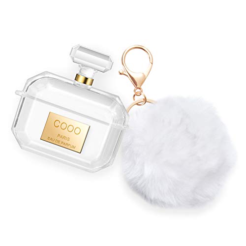 Product Cover AirPods Pro Case-Airpods Pro Case Cover Keychain Drop Proof (Cute Silicone Skin for AirPods Pro Charging Case) with Fur Ball Keychain for Airpods 3 Perfume Bottle Gold with Strap (Front LED Visible)