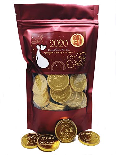 Product Cover Foiled Again! Chinese New Year Chocolate Coins - Belgian Milk Chocolate - Six Lucky Year of the Rat 2020 Designs - Gold Foil - Sealed, Resealable Bag