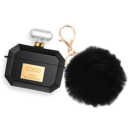 Product Cover AirPods Pro Case-Airpods Pro Case Cover Keychain Drop Proof (Cute Silicone Skin for AirPods Pro Charging Case) with Fur Ball for Airpods 3 Perfume Bottle Gold with Strap Black(Front LED Visible)