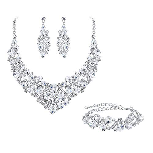 Product Cover Flyonce Women's Austrian Crystal Wedding Luxury Floral Filigree Necklace Earrings Set Silver-Tone
