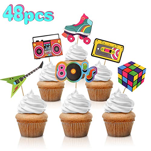 Product Cover 48pcs 80's Cupcake Toppers 80's Retro Cupcake Toppers - Totally 1980s Party DIY Dessert Cupcake Toppers Supplies - 80's Decade Throwback Party Favors Decorations