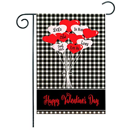 Product Cover ZUEXT Happy Valentine's Day Garden Flag 12.5x18 Inch Black and White Buffalo Check Plaid, Vertical Cotton Linen Burlap Double Sided Yard Flag w/Love Heart Balloon, Valentine Housewarming Hostess Gift