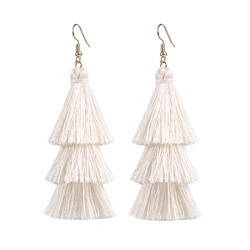 Product Cover Jugalstar Tassel Earrings 3 Tier Layered Bohemian, 1 Pair Eardrop Big Dangle Drop Fashion Jewelry for Women Girls Valentine Birthday Party Gifts (White)