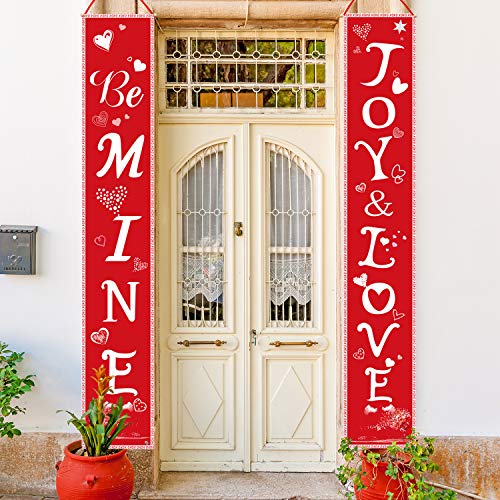 Product Cover Whaline Valentines Porch Sign, Joy & Love and Be Mine Hanging Banners for Holiday Home Indoor Outdoor Porch Wall Valentine's Day Decoration (Red)