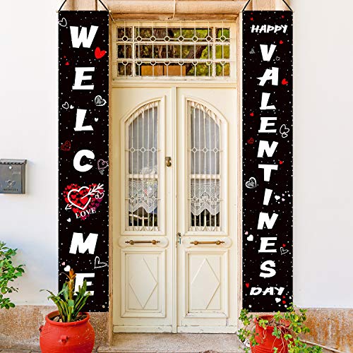 Product Cover Whaline Valentines Porch Sign, Welcome and Happy Valentines Day Hanging Banners for Holiday Home Indoor Outdoor Porch Wall Valentine's Day Decoration (Black)