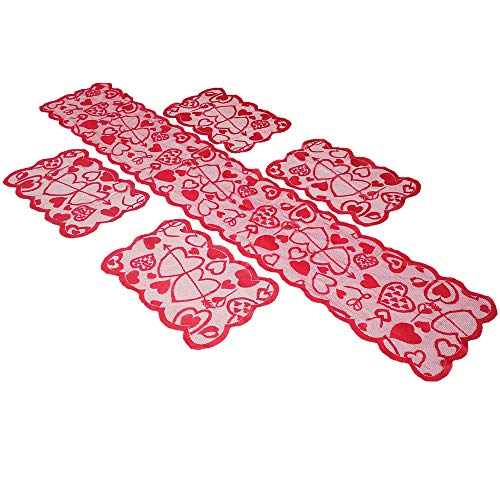 Product Cover ibohr Valentine Table Runner with 4 Pack Love-Heart Pattern Lace Placemat Valentine Table Decoration for Dating & Wedding,100% Polyester, Machine Washable, 13x72 Inch (5 Pack)