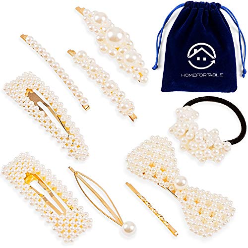 Product Cover Pearl Hair Clips Accessories for Women - Set of 9 Cute Pieces Hair Clip Pins Bows Head Bands Barrettes with Pearls Ties Hair for Girls Braid Urban Styling Party Wedding Dresses Valentine's Day Gifts