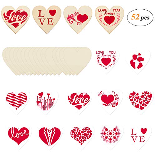 Product Cover Biubee 40pcs Valentine Wooden Heart Shapes- Wood 3'' Heart Shapes Blank Wood Hearts Slice Wooden Heart Shaped Discs Embellishment with 12pcs Heart Stencils Template for Valentine Wedding Decor DIY Use