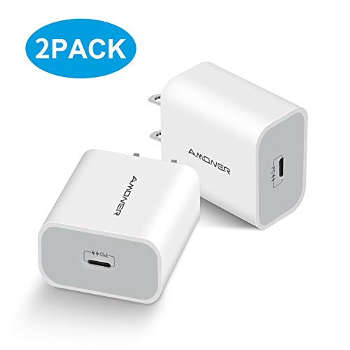 Product Cover Amoner USB C Charger, 2Pack 18W PD Fast Charging Type C Wall Charger Adapter Compatible with iPhone 11/11Pro/11 Pro Max/Xs Max/XR/X/ 8 Plus, iPad Pro, Google Pixel 3a/ XL, Galaxy S10+/ S9+, LG V50
