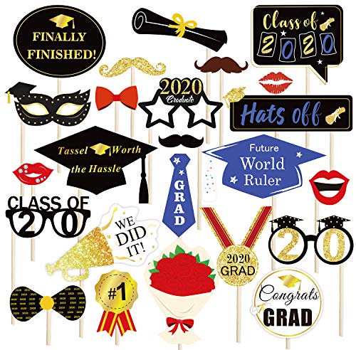 Product Cover Konsait Graduation Photo Booth Props (24Count), Graduation Photo Props Class of 2020 Grad Decor with Sticks, Black Blue red and Gold for Graduation Party Favors Supplies Decorations