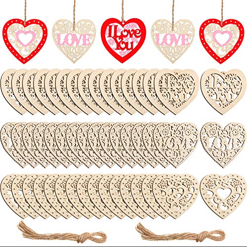 Product Cover Blulu 60 Pieces Valentine's Day Heart Ornament Wooden Heart Ornaments Hanging Heart Embellishments Hollow Wooden Hearts with Twine for Wedding, Valentine's Day, Proposal, Anniversaries Decoration