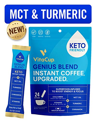 Product Cover VitaCup Genius Instant Coffee Stick | Energy & Focus | Keto | MCT, Turmeric & Cinnamon | Vegan | Vitamins B1, B5, B6, B9, B12, & D3 | Enjoy Hot or Cold (24 Count)