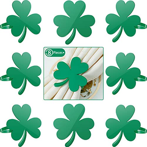 Product Cover 8 Pieces Napkin Ring Holders, Metal Heart Shaped Napkin Rings, Shamrock Clover Napkin Holder Adornment for Valentine's Day, St. Patrick's, Wedding, Dinner Decor (St. Patrick's Day Green Shamrock)