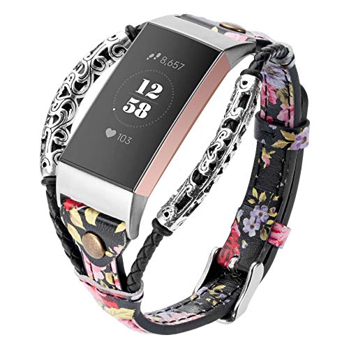 Product Cover Wearlizer Compatible with Fitbit Charge 3 Bands for Women Men Leather Handmade Replacement Fit Bit Charge 3 hr Band Accessories Strap Stylish Wristbands Adjustable Size Bracelet (Floral Pink)