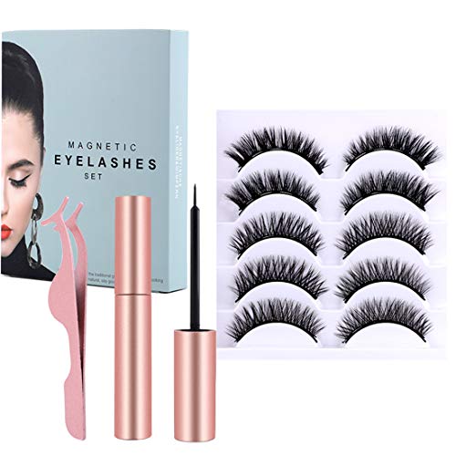 Product Cover Magnetic Eyelashes and Eyeliner Kit, 5 Pairs of Natural Soft False Eyelashes And Delicate Smooth Eyeliner, Thick Curly Lashes with Waterproof Texture, Easy to Wear and Reusable.