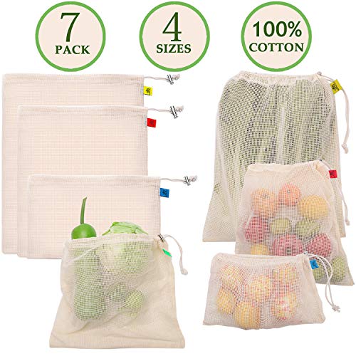 Product Cover Reusable Produce Bags, Cotton Produce Bags with Drawstring Reusable Mesh Produce Bags for Shopping & Storage, Washable, Biodegradable, Tare Weight on Color Tag(7 Pack)