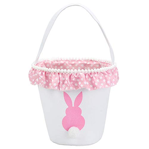 Product Cover Easter Bunny Basket Egg Bags for Kids,Canvas Cotton Personalized Candy Egg Basket Rabbit  Print Buckets with Fluffy Tail Gifts Bags for Easter