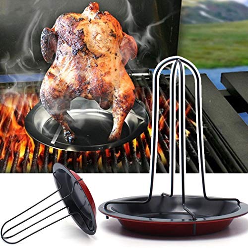 Product Cover Whatyiu Beer Can Chicken Roaster Rack - Folding Stainless Steel Vertical Roaster Chicken Holder with Drip Pan for Oven or Barbecue