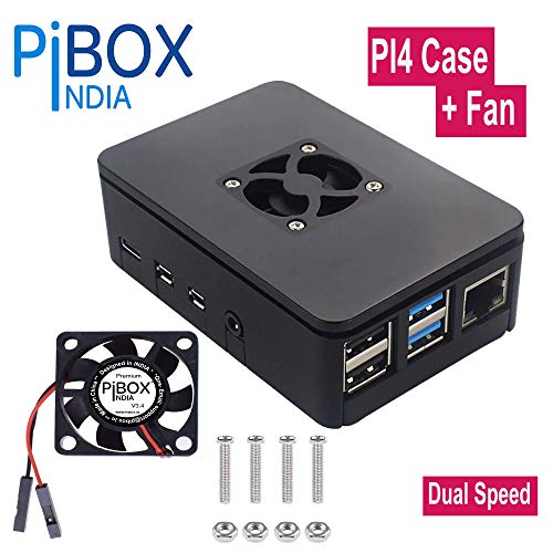 Product Cover pibox India Raspberry Pi 4 Case with Fan Dual Speed 1Gb, 2GB, 4GB Black, with air Vents, with High and Low Speed Option Fan Modular Design with readouts, Pi 4B, Pi 4,Camera and Ports ABS (Black)