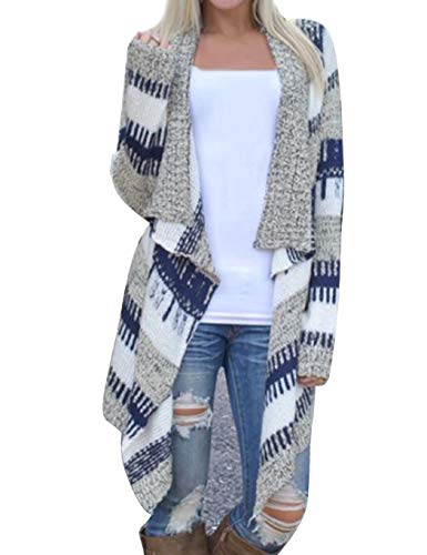 Product Cover melysUS Women Casual Long Sleeve Cardigan Autumn Striped Loose Outwear Cardigans Blue