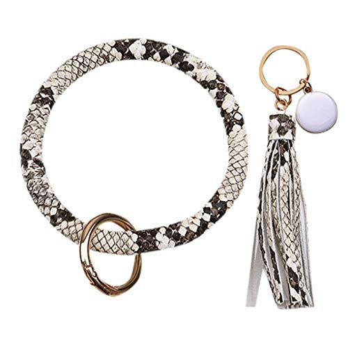 Product Cover SiQing Women Large Round Keychain Tassel Wristlet Leather Bracelet Key Ring (C)